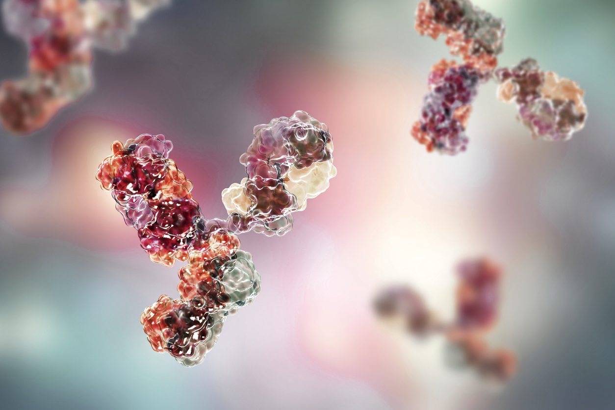 3D illustration of a monoclonal antibody; hover to see tweezers lifting a segment from a DNA strand